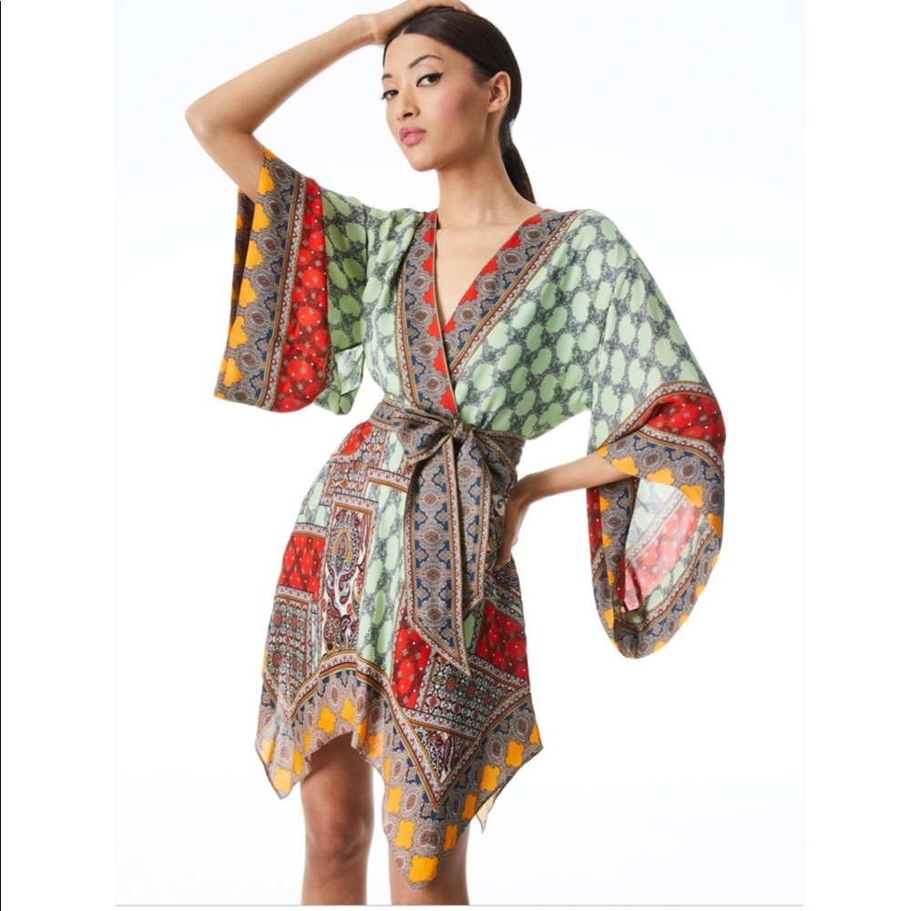 ALICE + OLIVIA HAVERI KIMONO BELTED MINI DRESS SZ 0